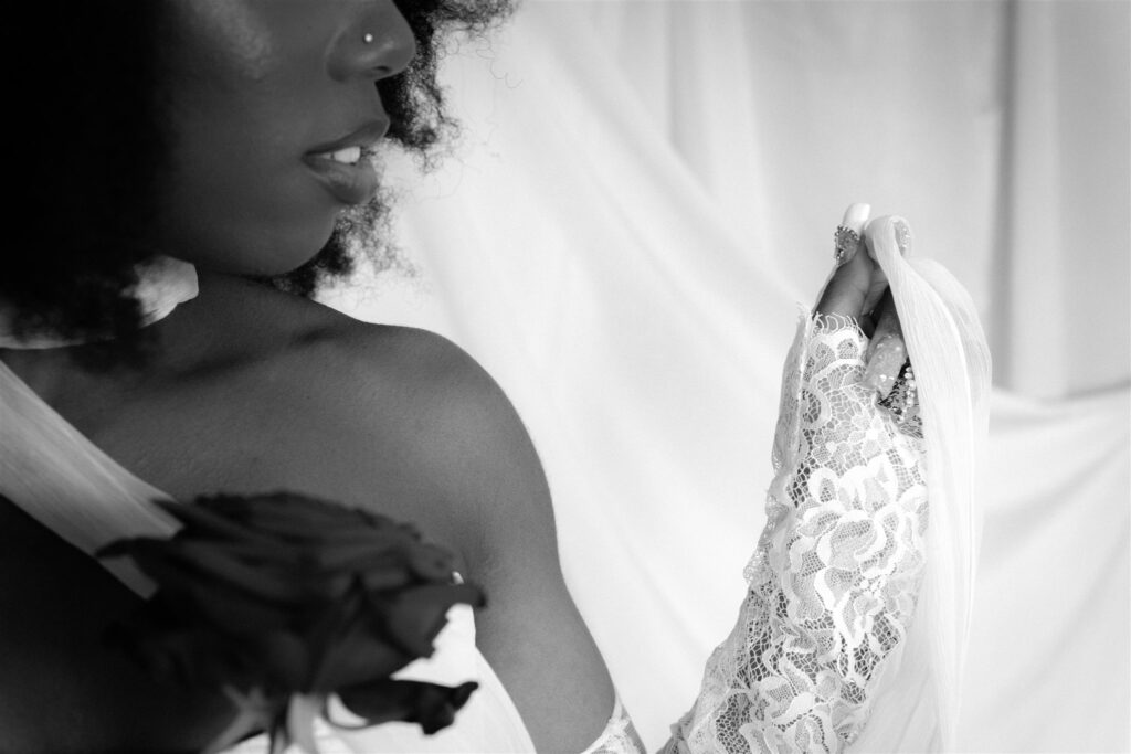 Bride in a studio setting. A Canvas background.
Editorial Wedding Photographer in Edinburgh.
