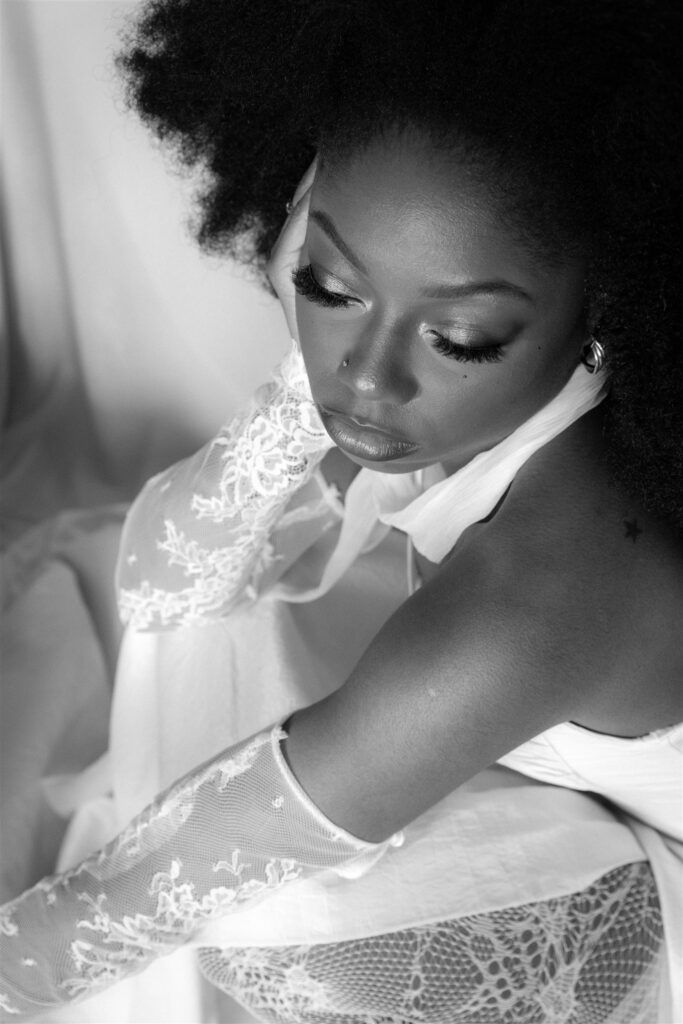 Bride in a studio setting. A Canvas background.
Editorial Wedding Photographer in Edinburgh.
